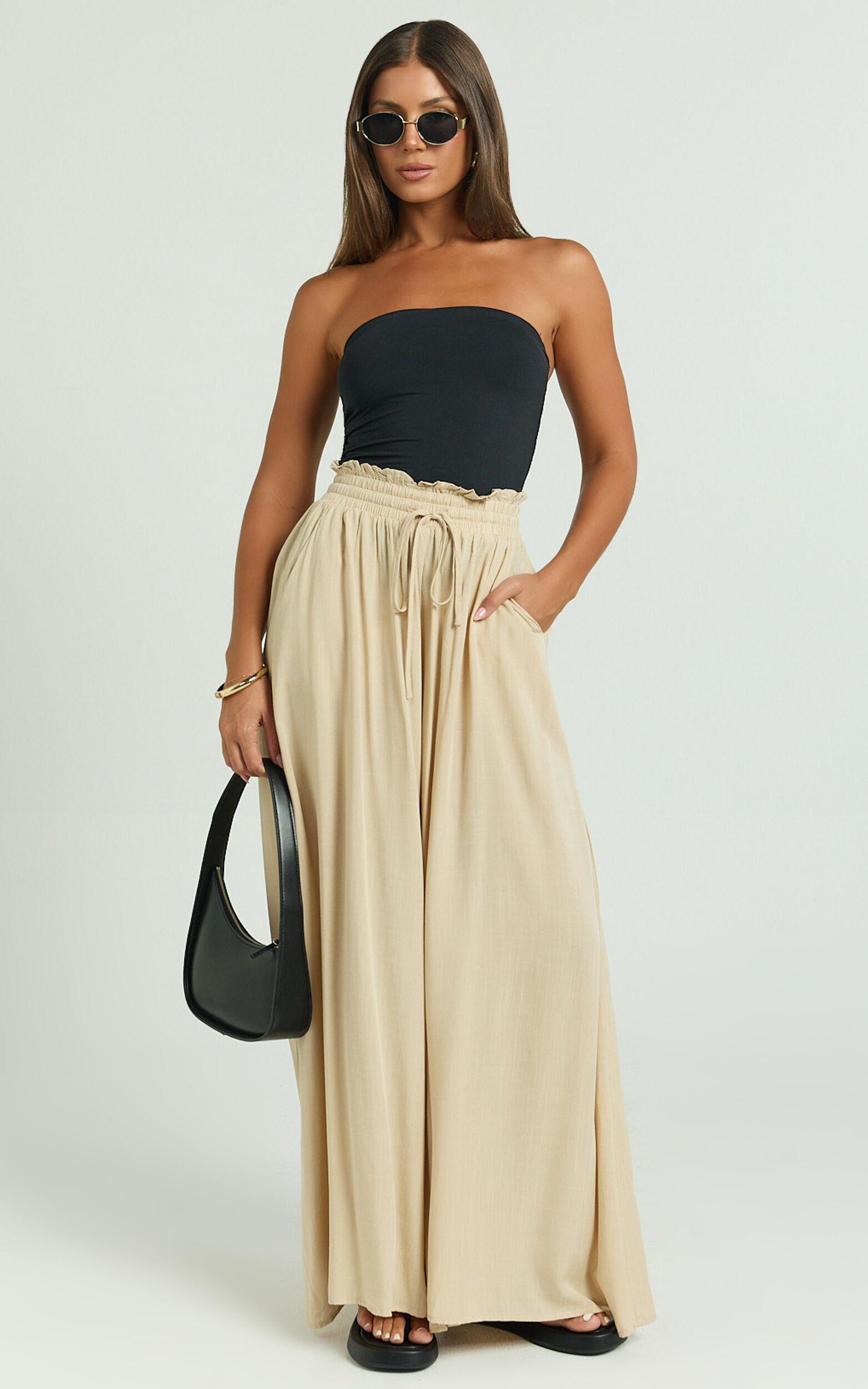 Hany Pants - High Waist Drawstring Wide Leg Pants in Stone Product Image