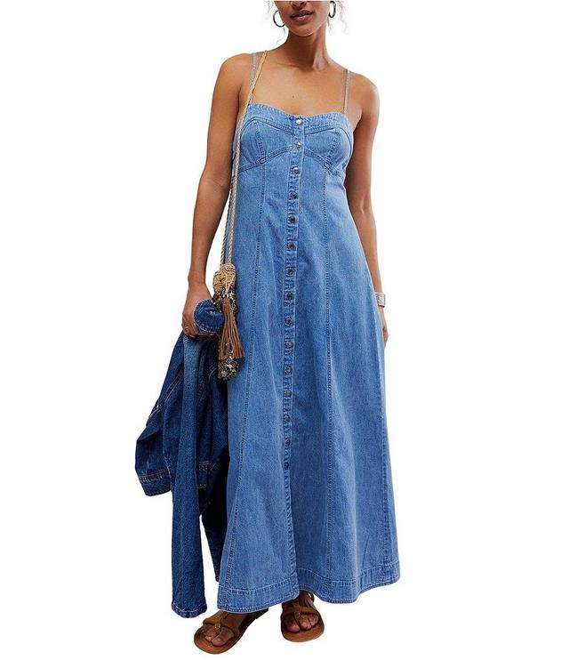 Free People Just Jill Denim Sweetheart Neck Sleeveless Pocketed Button Front A-Line Maxi Dress Product Image