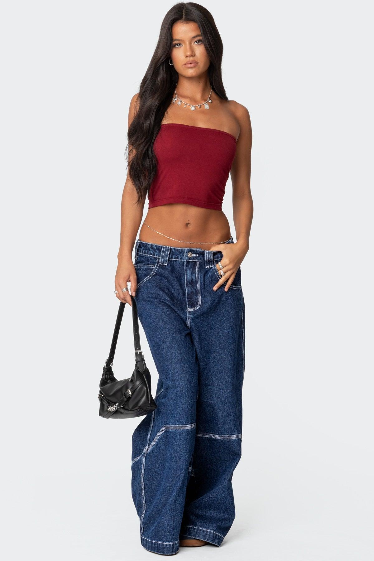 Super Wide Contrast Stitch Low Rise Jeans product image