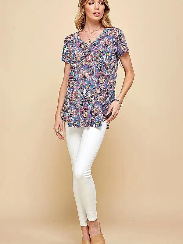 Blue Women Short Sleeve Paisley Top Female Product Image