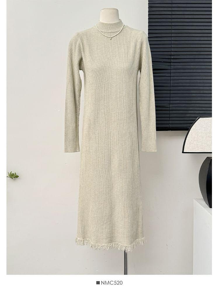 Fringed-Hem High-Neck Knit Dress Product Image