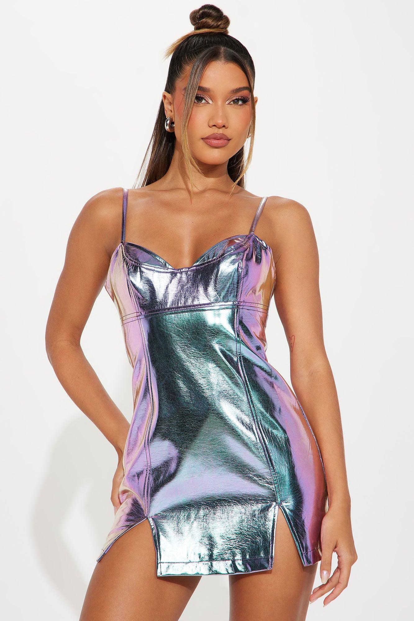 Galactic Glam Faux Leather Micro Mini Dress - Purple/combo Product Image