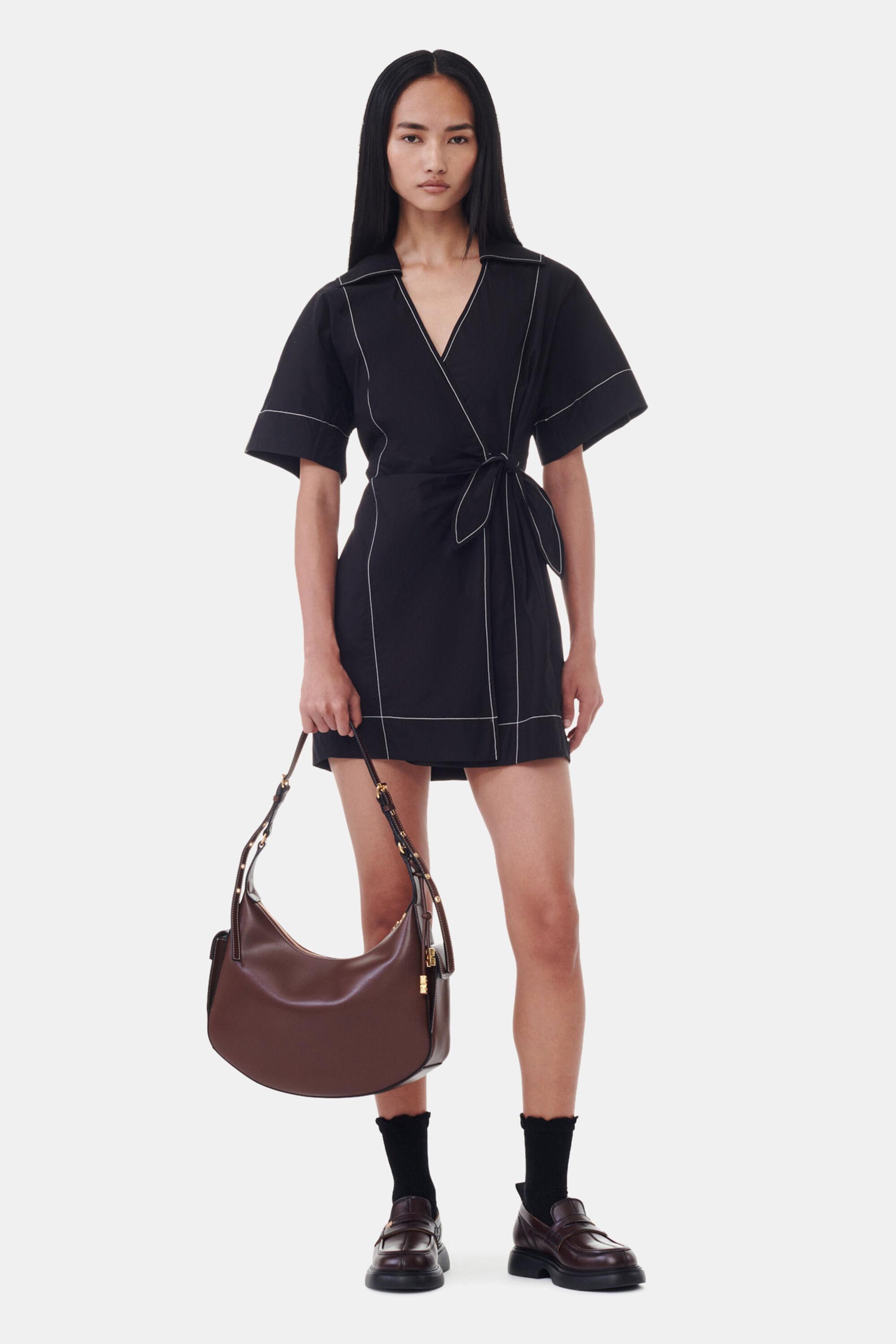 Black Cotton Poplin Wrap Mini Dress Product Image