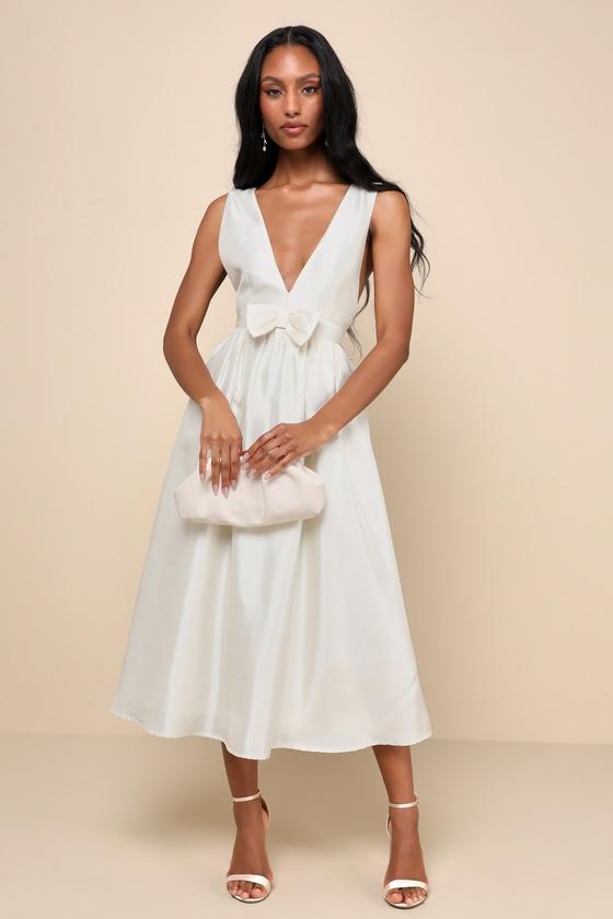 Elegant Destiny Cream Sleeveless Bow Midi Dress Product Image