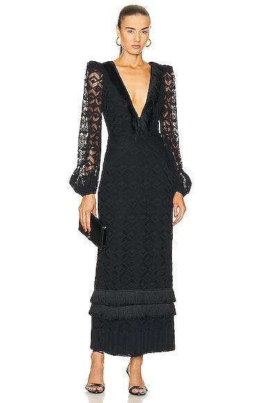 PatBO Crochet Plunge Fringe Trim Maxi Dress Black. (also in ). Product Image