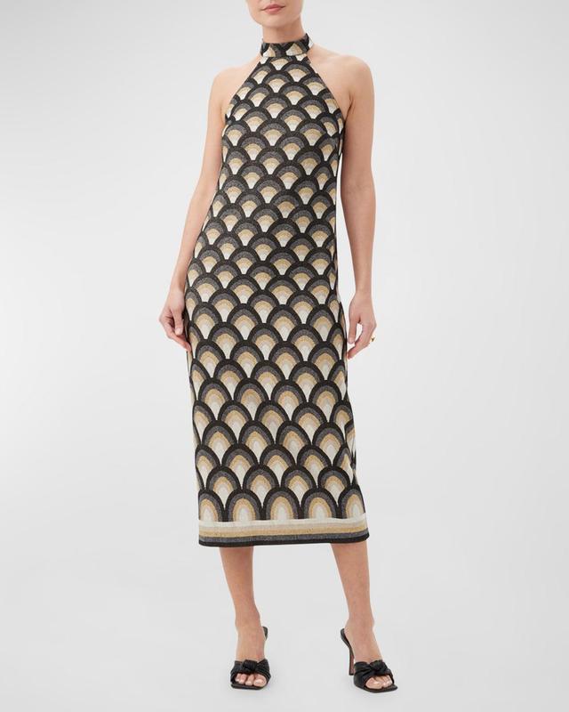 Trina Turk Giri Jacquard Knit Border Print Halter Neck Sleeveless Midi Shift Dress Product Image