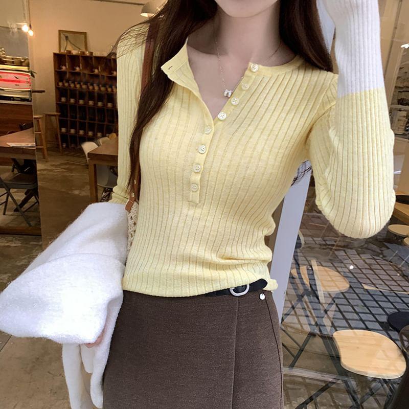 Long Sleeve Round Neck Color Block Ribbed Knit Top Product Image