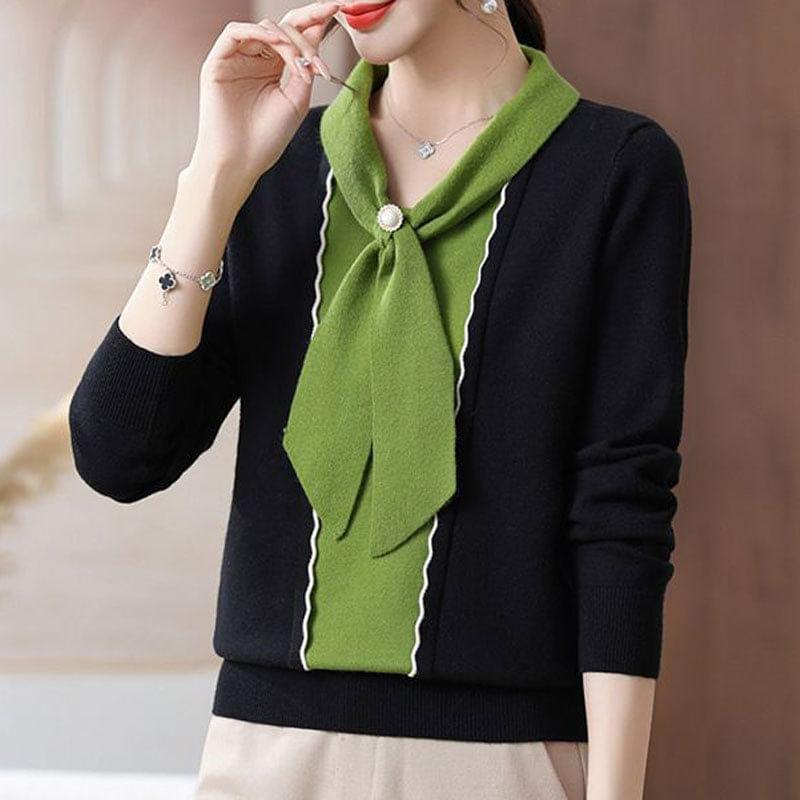 Long-Sleeve Tie Neck Two Tone Knit Top Product Image