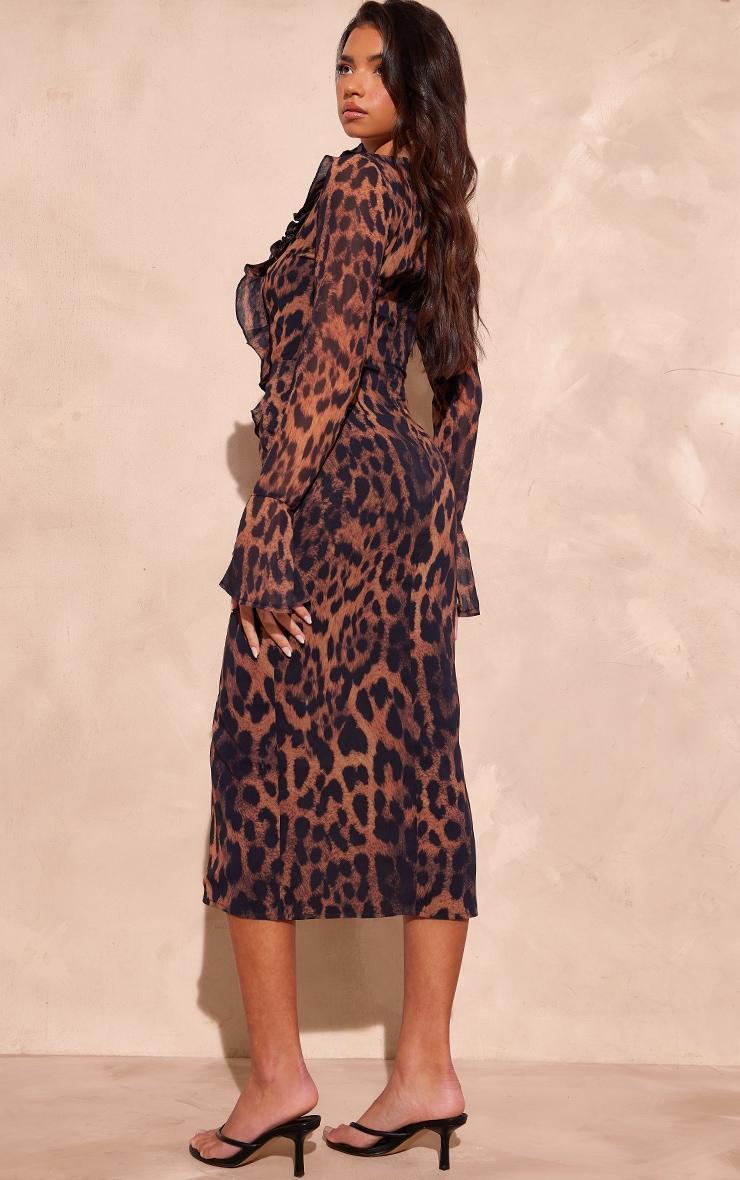 Leopard Print Chiffon Long Sleeve Frill Detail Midi Dress Product Image