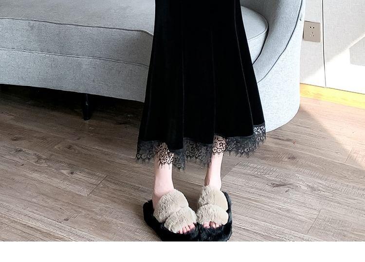 High Rise Velvet Lace Trim Midi Mermaid Skirt Product Image