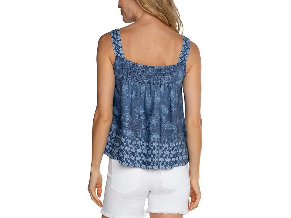 Liverpool Los Angeles Slvless V Neck Easy Fit Tank with Smocking (Indigo Floral) Women's Clothing Product Image