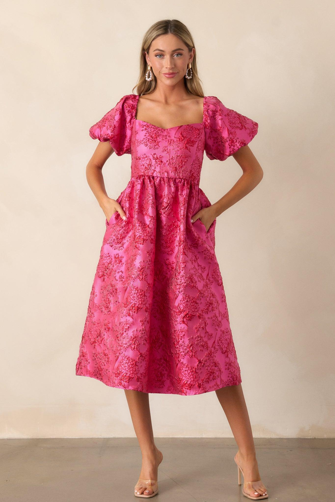 Blooming Hearts Pink Floral Jacquard Midi Dress Product Image