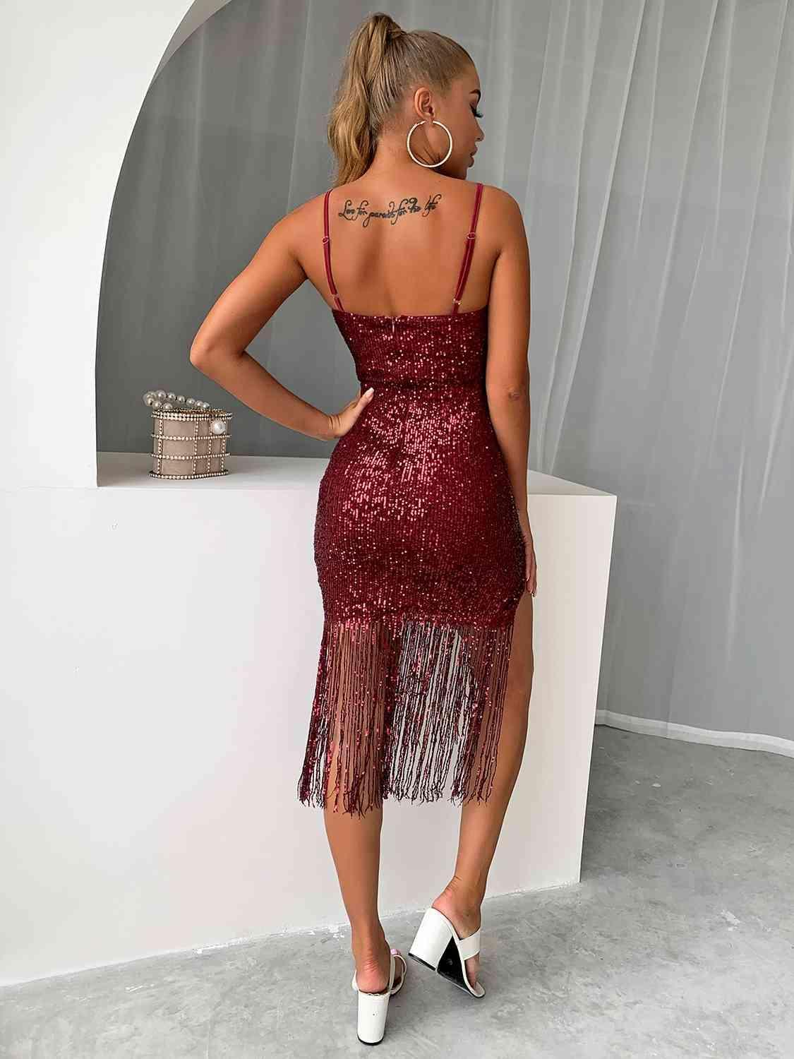 Sequin Fringe Spaghetti Strap Dress Product Image