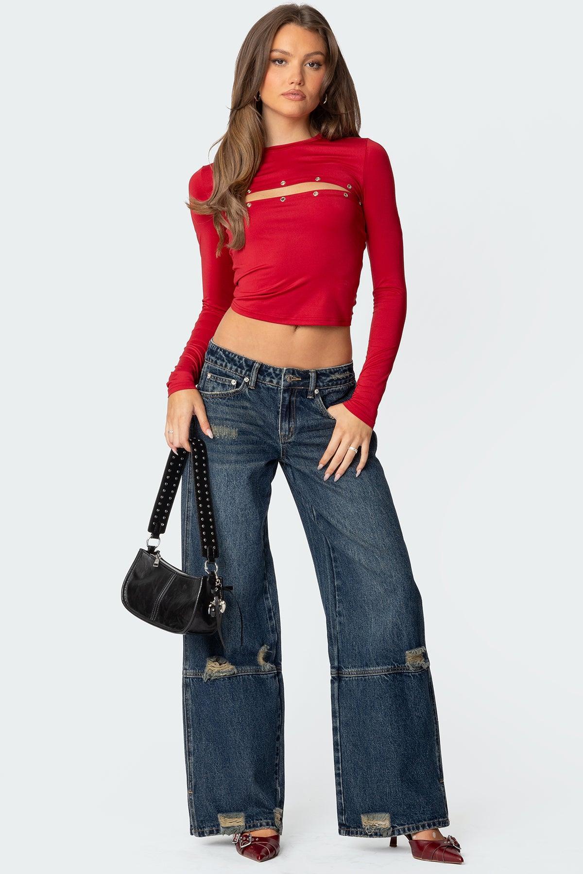 Slitted Distressed Low Rise Jeans Product Image