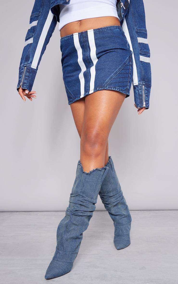 Mid Blue Wash Graphic Panelled Denim Mini Skirt Product Image