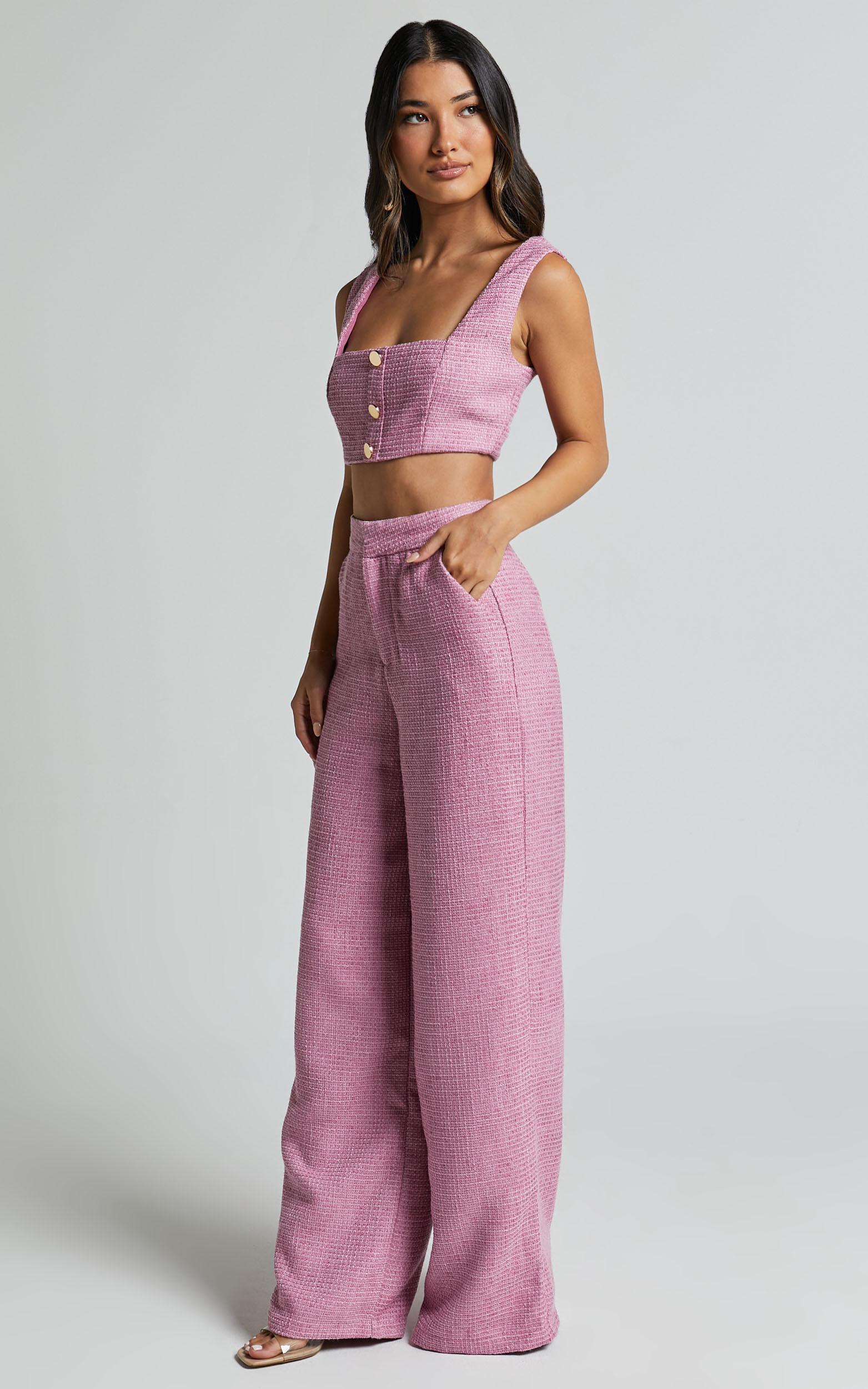 Amaris Two Piece Set - Button Detail Crop Top and Wide Leg Pants Set in Pink Product Image