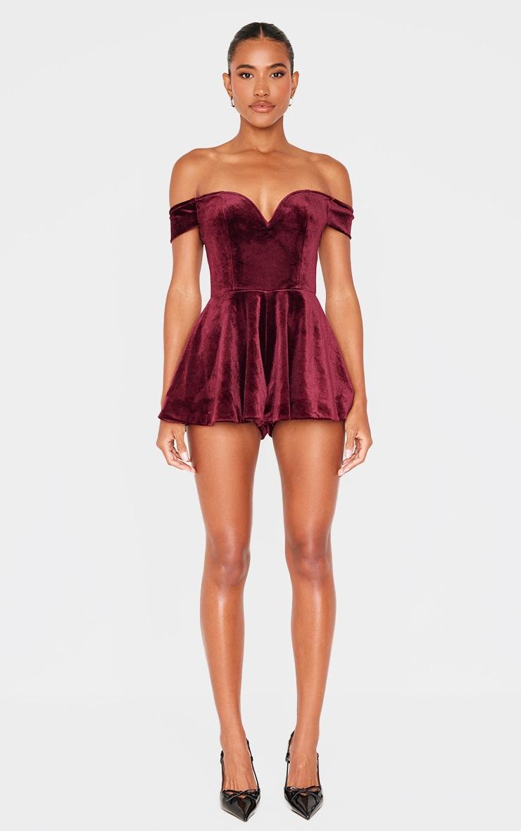 Burgundy Velvet Bardot Sweetheart Neckline Floaty Romper Product Image