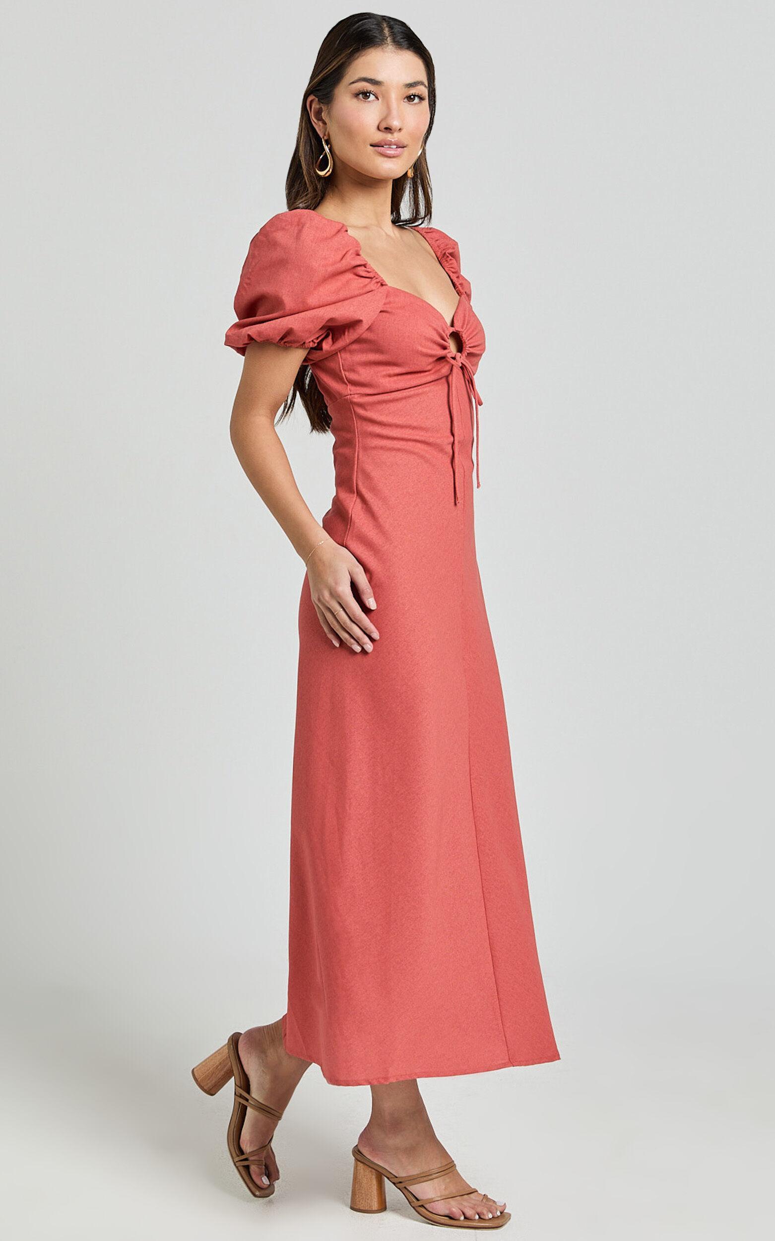 Fabia Midi Dress - Sweetheart Keyhole Linen Blend Dress in Clay Product Image