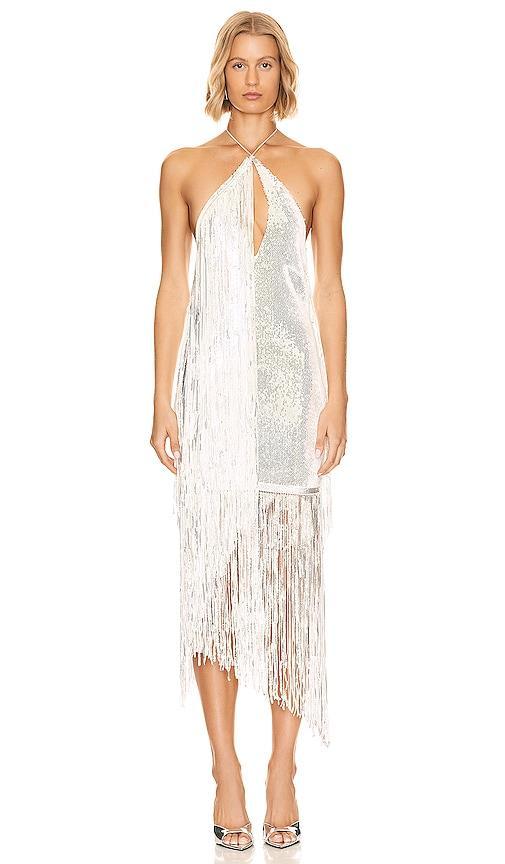 ROTATE Mini Fringe Dress in Metallic Silver. Product Image