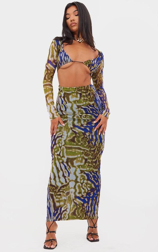  Multi Animal Print Mesh Cup Detail Long Sleeve Maxi Dress Product Image