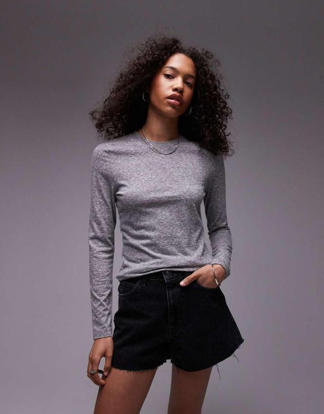 Topshop crew neck long sleeve top in heather gray Product Image