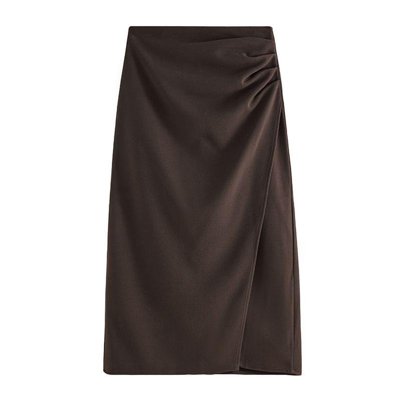 High Rise Plain Asymmetrical Ruched Slit Midi Straight Skirt Product Image