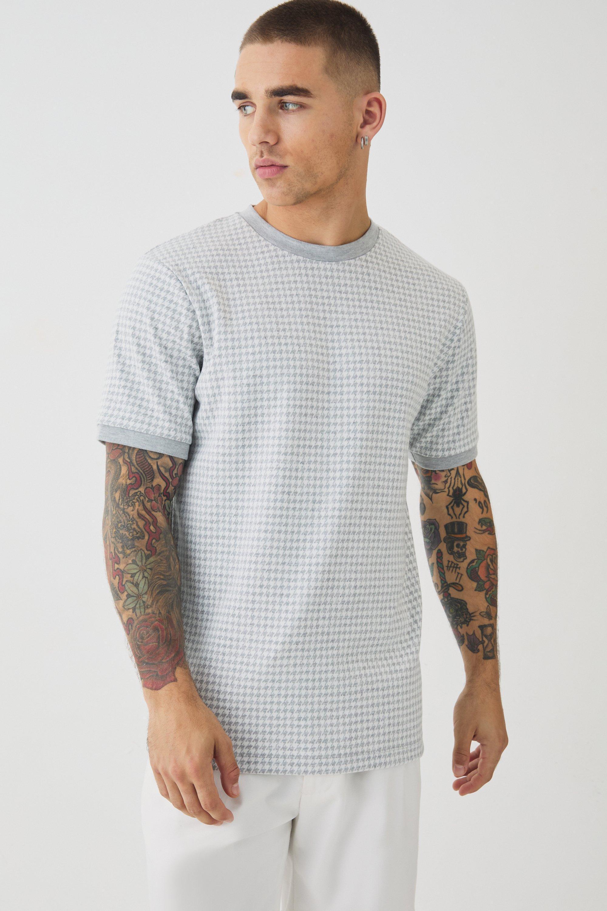 Smart Slim Dogtooth Jacquard Ringer T-shirt | boohooMAN USA Product Image