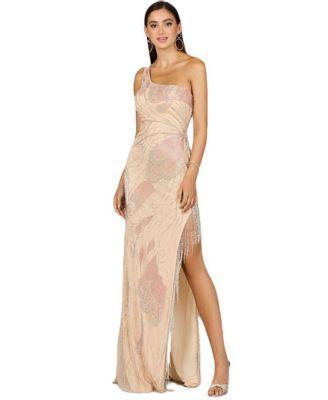 Women's One Shoulder Beaded Gown with Fringe Slit Product Image