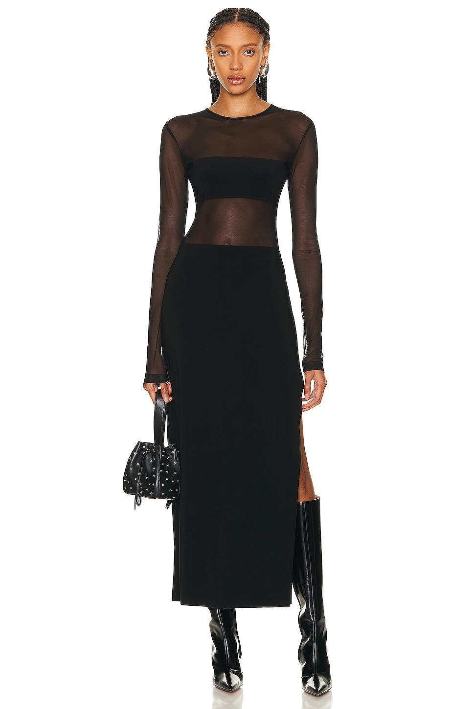 Norma Kamali Dash Side Slit Gown in Black & Black Mesh - Black. Size XL (also in L, M, S, XS). Product Image