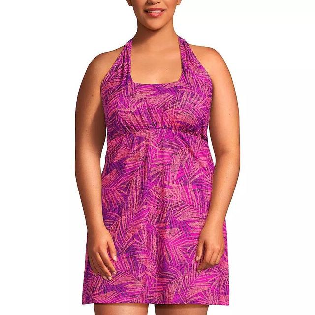 Plus Size Lands End Halter One-Piece Swimdress, Womens Purple Stipple Palm Product Image