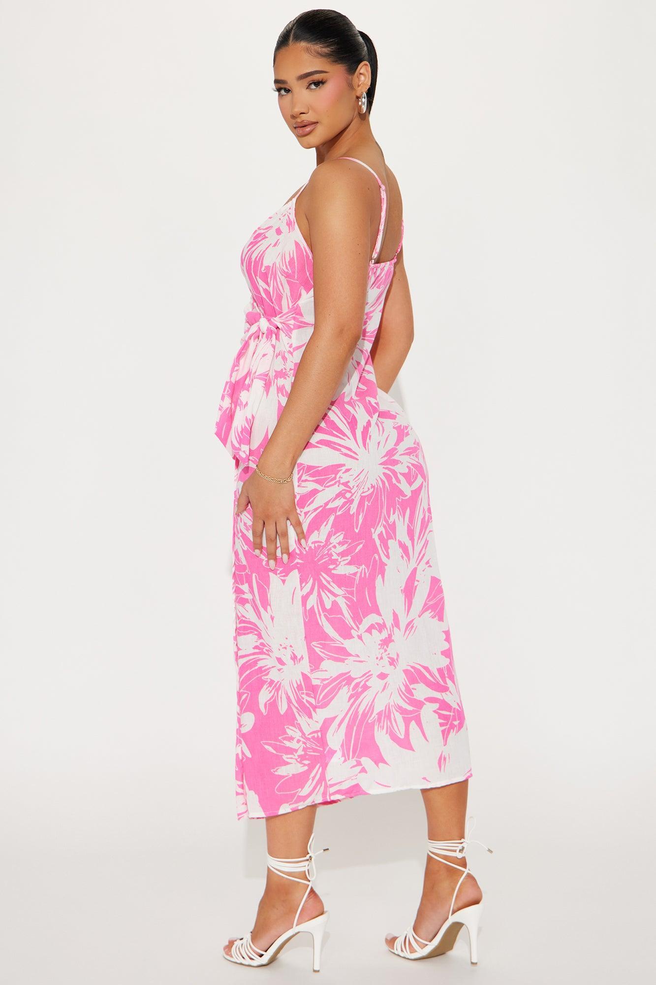 Tropical Escape Linen Wrap Maxi Dress - Pink Product Image