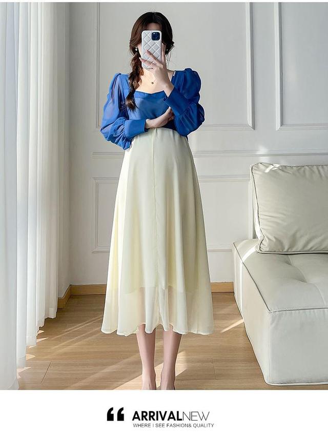 Maternity Mock Two-Piece Puff-Sleeve Two-Tone Midi A-Line Dress Product Image