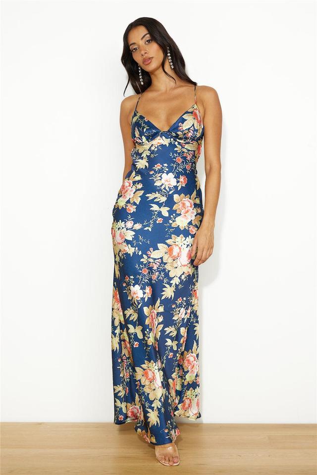 Blooming Passions Satin Maxi Dress Navy Product Image