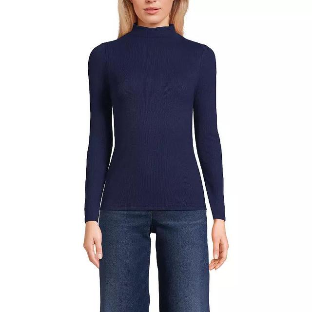 Womens Lands End Rib Skimming Long Sleeve Mock Neck Top Deep Blue Product Image