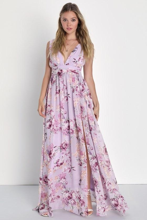 Garden Meandering Lavender Floral Print Maxi Dress Product Image