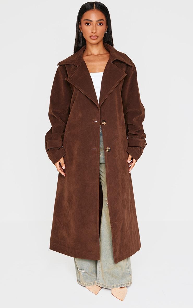 Petite Chocolate Faux Suede Belted Trench Coat Product Image