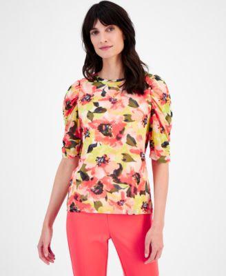 Anne Klein Womens Printed Ruched Elbow-Sleeve Top Product Image