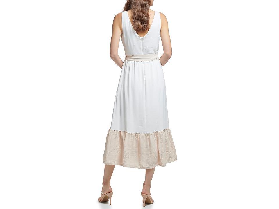 DKNY V-Neck Ruffle Hem Midi Dress (Ivory/Elegant Beige) Women's Dress Product Image