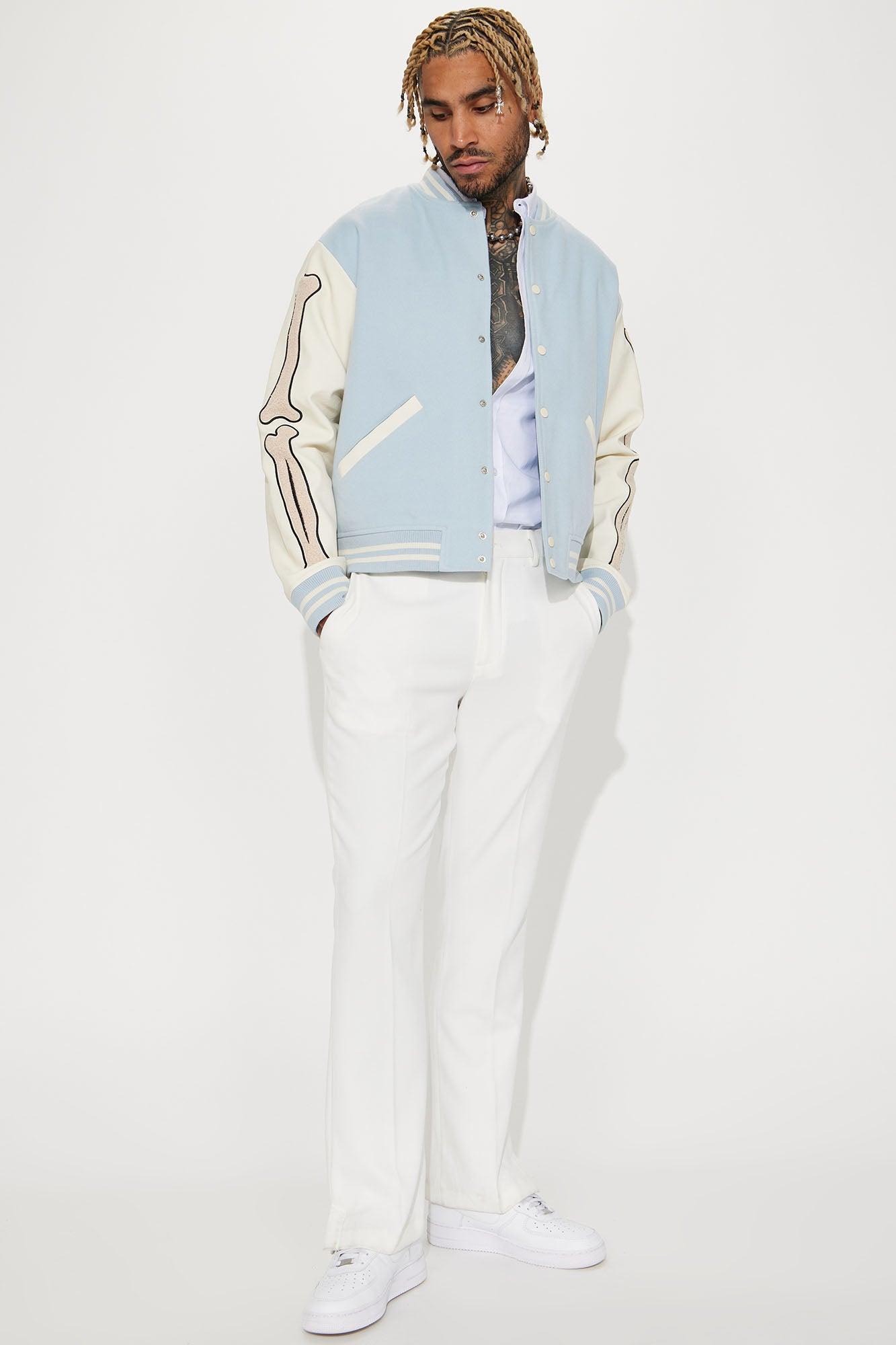 Bone Applique Varsity Bomber Jacket - Light Blue Product Image