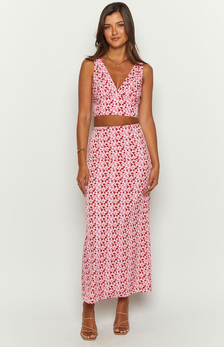 Dahlia Pink And Red Speckled Maxi Skirt Product Image