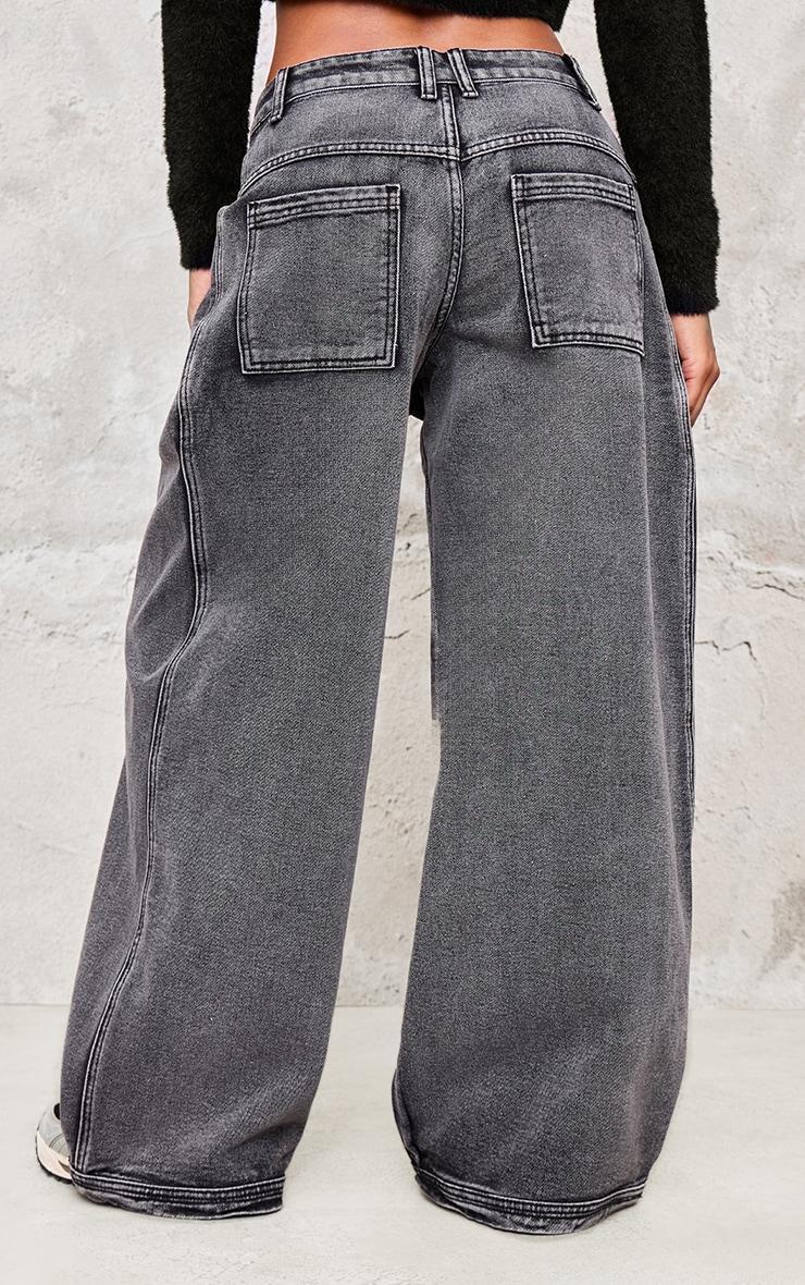 Charcoal Grey Acid Seam Detail Frayed Hem Wide Leg Jeans Product Image