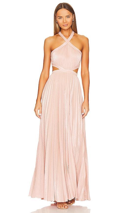 BCBGMAXAZRIA Metallic Evening Gown in Blush. Size 2, 4, 8, 10, 14. Product Image