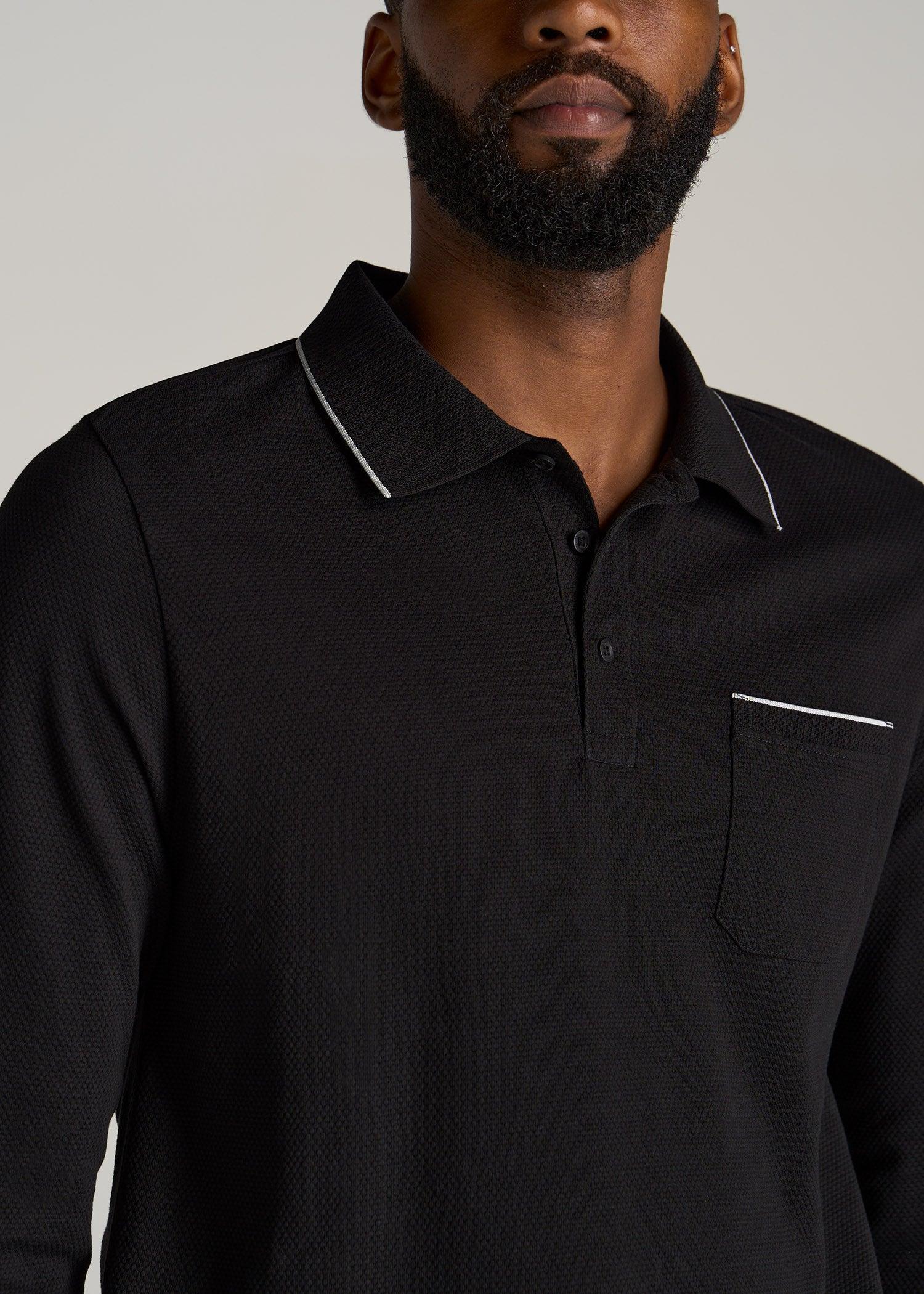 Long Sleeve Polo Shirt for Tall Men in Black & White Male Product Image