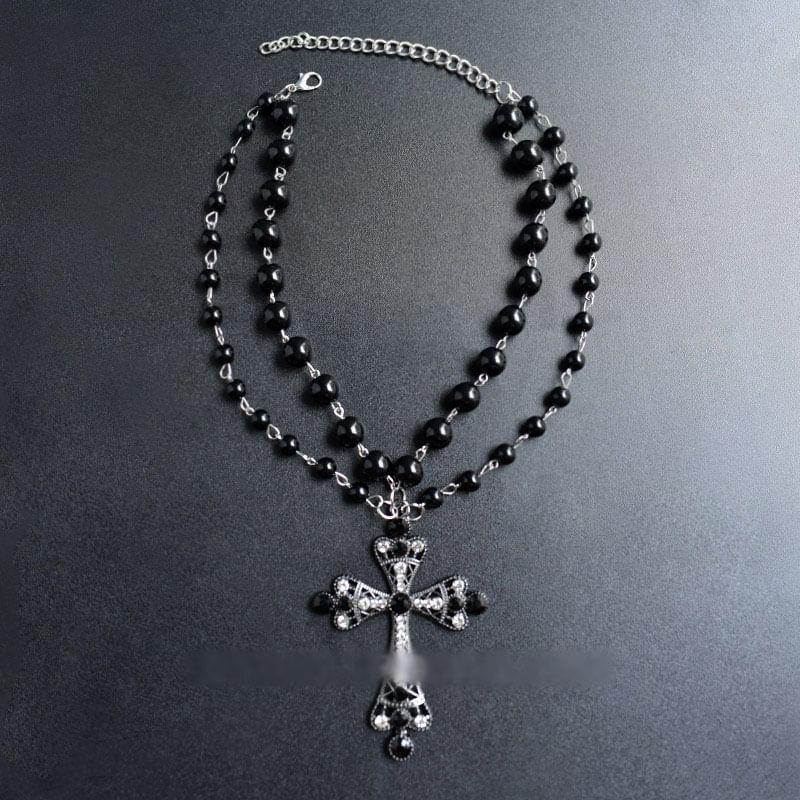 Cross Pendant Layered Bead Alloy Choker Product Image