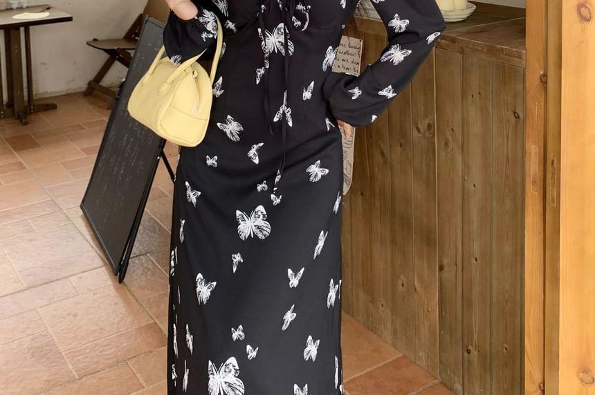 Puff-Sleeve V-Neck Butterfly Print Midi A-Line Dress Product Image