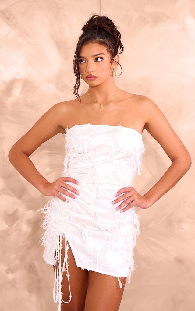 Cream Eyelash Detail Satin Bandeau Ruched Mini Dress Product Image