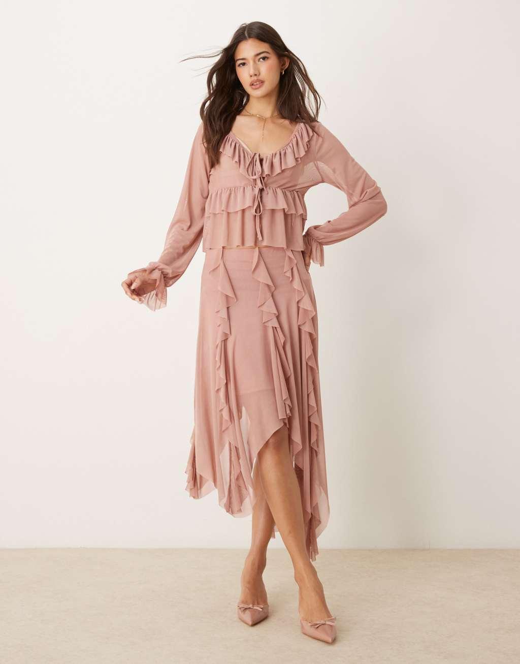 Miss Selfridge frill detail long sleeve blouse in blush Product Image