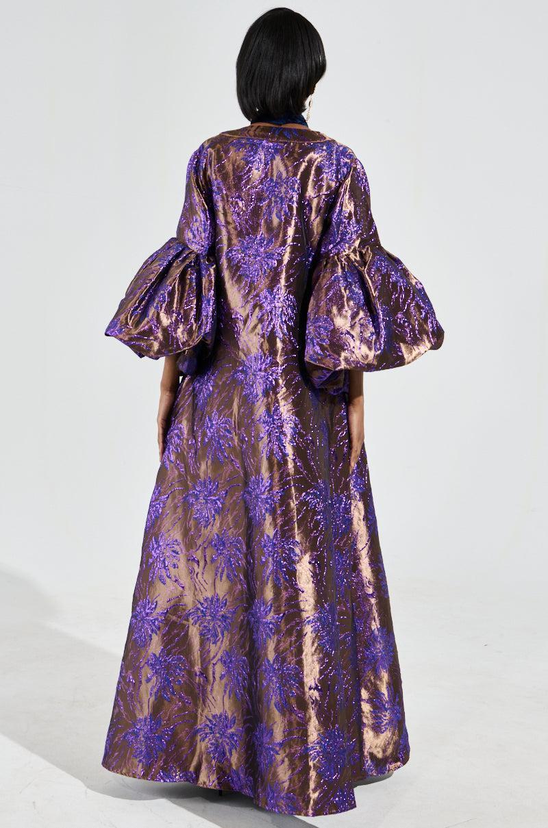 MALDIVES BROCADE PUFF SLEEVE DUSTER IN PURPLE Product Image