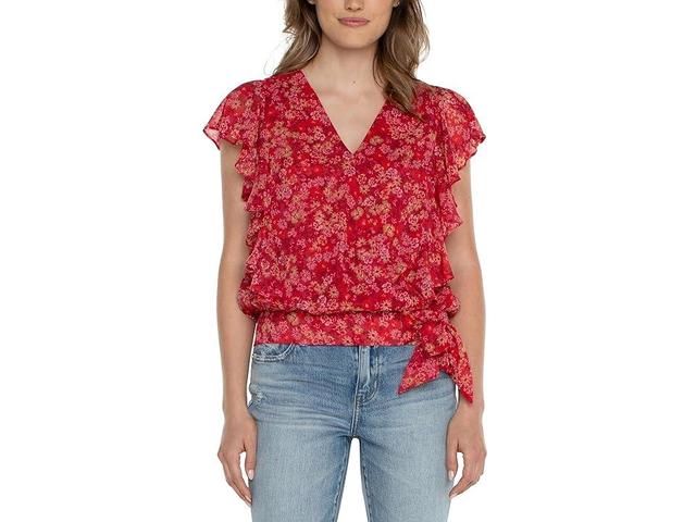 Liverpool Los Angeles Ruffle Sleeve Draped Front Chiffon Top with Waist Tie (Berry Blossom Floral) Women's Clothing Product Image