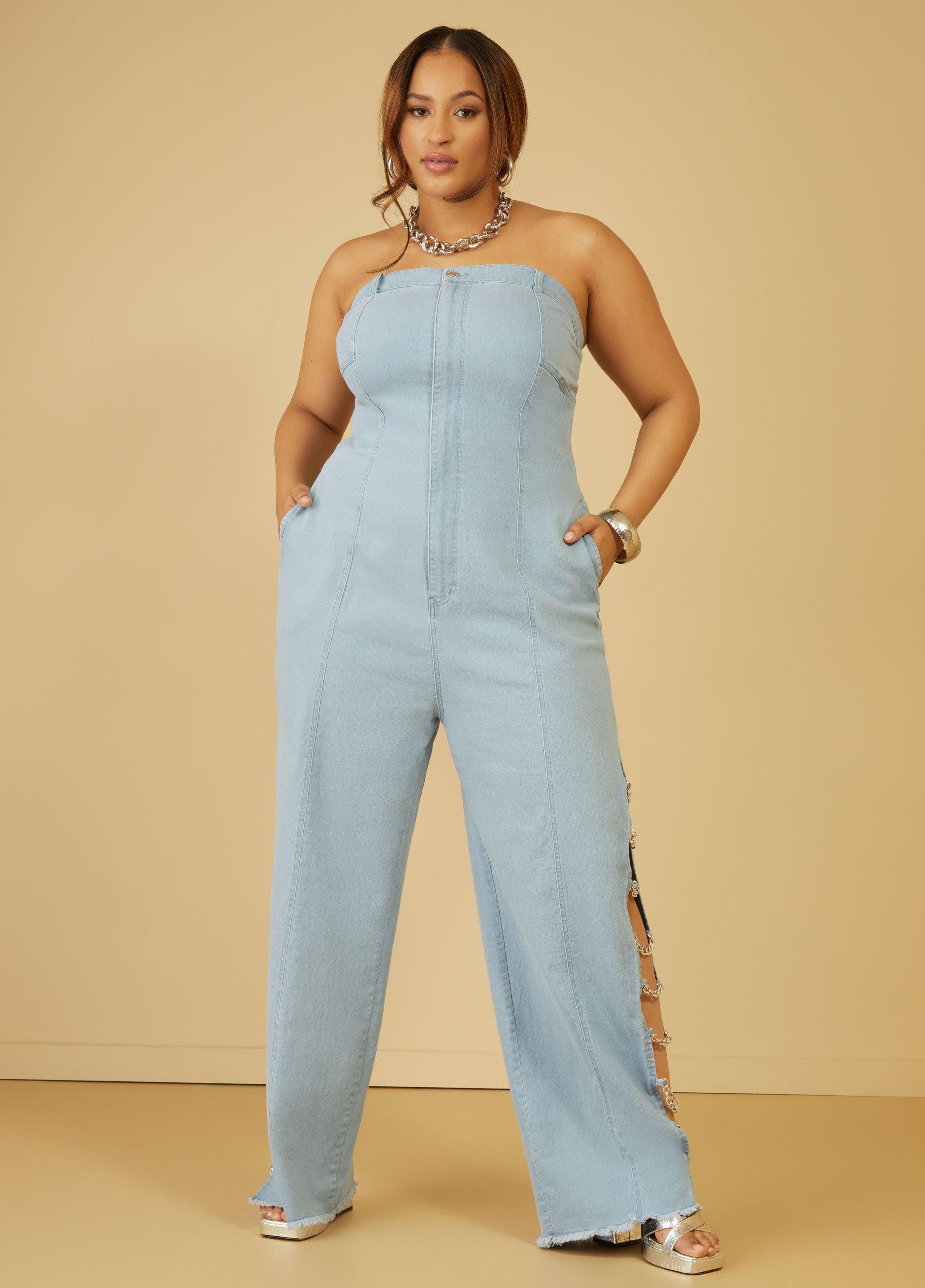 Plus Size Chain Trimmed Denim Jumpsuit Ashley Stewart Product Image